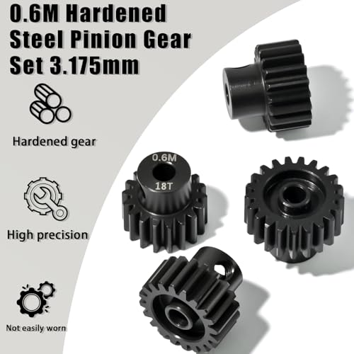 4Pcs 0.6M Hardened Steel Pinion Gear Set 3.175mm 18T 19T 20T 21T Motor Pinion Gear with M4 Screw and Hex Key, Fit 3.175mm (1/8-Inch) Shaft, for Arrma HPI Kyosho Losi Axial Traxxas Tamiya 1/10 RC Car - size: 0.6M-P-3.175mm-18-21T