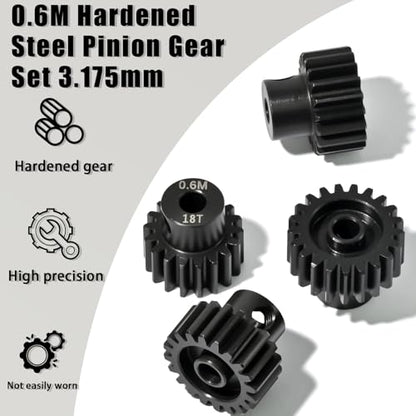 4Pcs 0.6M Hardened Steel Pinion Gear Set 3.175mm 18T 19T 20T 21T Motor Pinion Gear with M4 Screw and Hex Key, Fit 3.175mm (1/8-Inch) Shaft, for Arrma HPI Kyosho Losi Axial Traxxas Tamiya 1/10 RC Car - size: 0.6M-P-3.175mm-18-21T