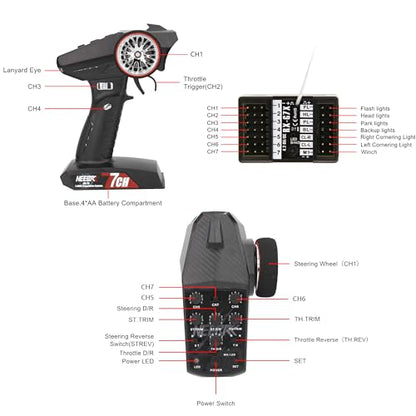 7 Channels RC Transmitter with Receiver Built-in Light Control System and 12LED Light Set, 2.4GHz Radio Remote Controller for RC Car Crawler Truck Racing Buggy Off Road On Road Boat Tank(Red) - color: Red