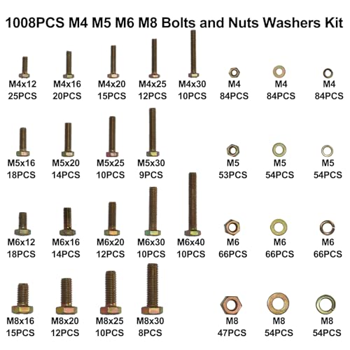 1008PCS Metric Bolt Assortment - Heavy Duty Grade 8.8 M4 M5 M6 M8 Metric Bolts and Nuts Assortment, Nut and Bolt Assortment Kit, Bolts and Nuts Kit (12-40mm), Yellow Zinc Plated, Corrosion Resistant