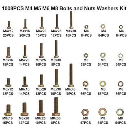1008PCS Metric Bolt Assortment - Heavy Duty Grade 8.8 M4 M5 M6 M8 Metric Bolts and Nuts Assortment, Nut and Bolt Assortment Kit, Bolts and Nuts Kit (12-40mm), Yellow Zinc Plated, Corrosion Resistant