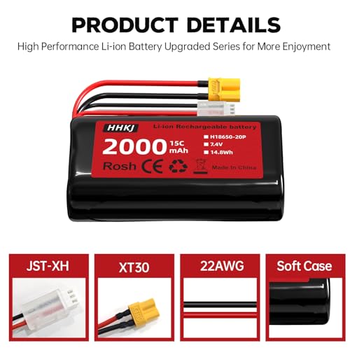 Li-ion Battery 7.4V 2000mAh with XT-30 Plug 2S Rechargeable RC Battery Suitable for 4WD High Speed RC Cars and Most 1/12, 1/16, 1/18 Scale RC Cars Trucks with 1 to 2 Charger