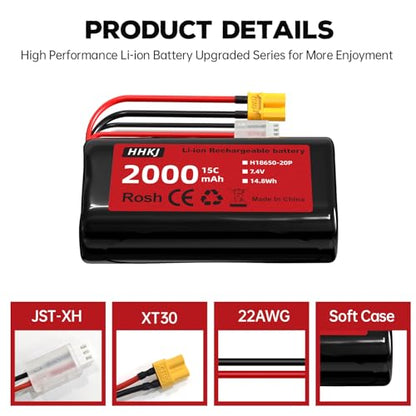 Li-ion Battery 7.4V 2000mAh with XT-30 Plug 2S Rechargeable RC Battery Suitable for 4WD High Speed RC Cars and Most 1/12, 1/16, 1/18 Scale RC Cars Trucks with 1 to 2 Charger