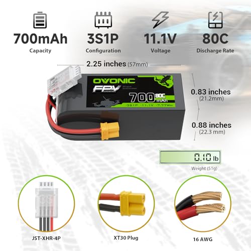 OVONIC 11.1V 80C 700mAh 3S Lipo Battery with XT30 Plug [1 Package Including 2 Batteries]