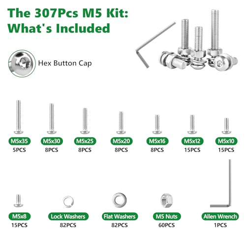 307 Pcs M5 Hex Button Cap Screws Nuts Flat Washers Kit, 304 SS | With Flat & Spring Washers & Wrench, for Bicycles, Skateboards & DIY, M5 x 8mm-35mm, Clear Label Storage Box - size: SS M5 307pcs 2