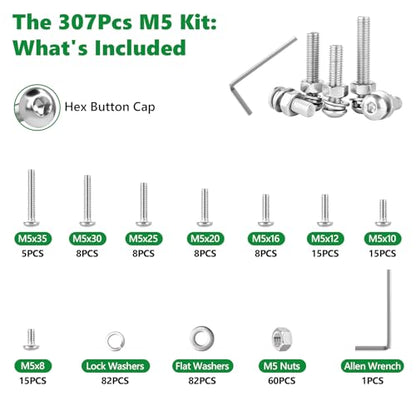 307 Pcs M5 Hex Button Cap Screws Nuts Flat Washers Kit, 304 SS | With Flat & Spring Washers & Wrench, for Bicycles, Skateboards & DIY, M5 x 8mm-35mm, Clear Label Storage Box - size: SS M5 307pcs 2