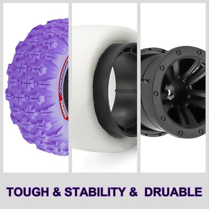 GOUPRC 12mm Hex RC Wheel Tires with Hood Pins Retainer Lock Clip Kit, 3.26 * 1.67 Inches 4PCS Swamp Claw Mud Terrain Tires Accessories for 1/14 1/16 RC Car Crawler Buggy Truck - color: Purple With Retainers