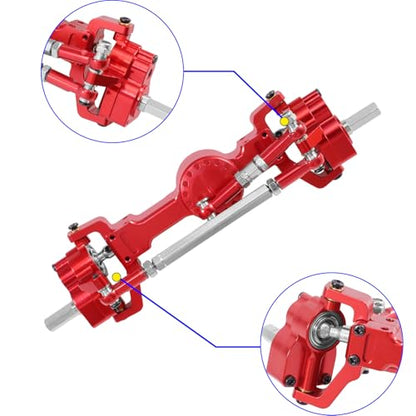 Metal Front & Rear Portal Axle Assembly Set for WPL C14 C24 B14 B24 B16 B36 C64 C64-1 C74 C74-1, Aluminum Axle Housing with Steel Gears, Steering Cups Tie Rods, 5mm RC Upgrade Parts (Red) - color: Red