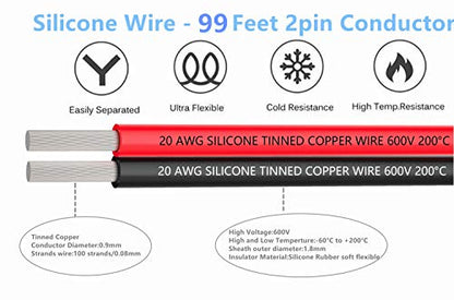 TUOFENG 20 AWG Silicone Wire 100ft 2 Conductor Parallel Wire | Ultra-flexible 2-pin tinned copper wire (20 AWG). High temp resistant (-60°C to 200°C). Ideal for LED strips & RC DIY. - size: 20 awg Silicone wire 100ft