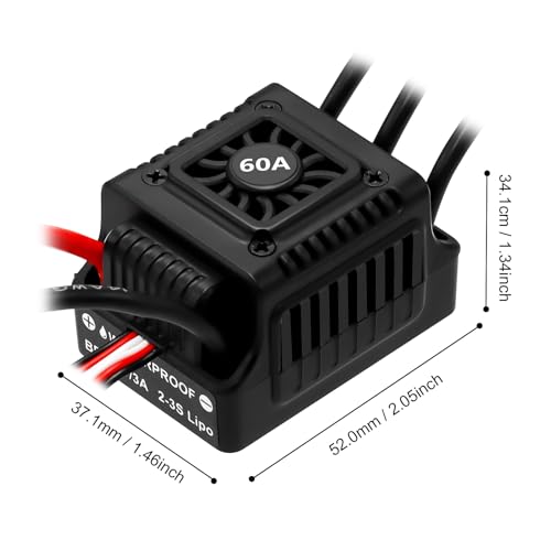 Upgraded 60A Brushless ESC 2-3S Electronic Speed Controller Waterproof ESC for 1/10 Remote Control Car Truck (Black) - color: Black