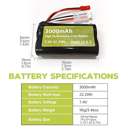 sea jump 2PCS 7.4V 3000mah 15C 2S Li-ion Battery with JST-2P Plug and 2in1 Charger for UDIRC UD1601 UD1602 SG1603 RC Car 1/10, 1/12, 1/16 Ratio RC Car Truck RC Ship Drone Engineering Vehicle Battery