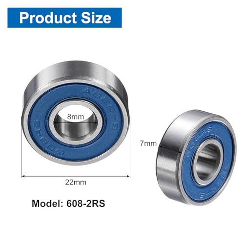 uxcell 4 Pcs 608-2RS Deep Groove Micro Bearing, 8x22x7mm Double Rubber Sealed Chrome Steel Small Bearings (ABEC5, Z4 Low Noise) - size: 608-2RS
