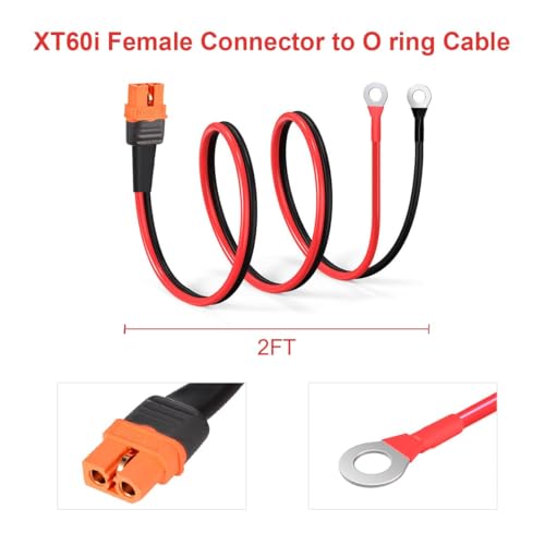 ELFCULB XT60i to O Ring Terminal Cable,12AWG XT60i Female to O Ring Connector with Tinned Pure Wire,for RC Battery Solar Portable Power Power Station and Solar Panel(2FT) | XT60i battery cable with stranded tinned copper wire for battery terminals, RVs, a