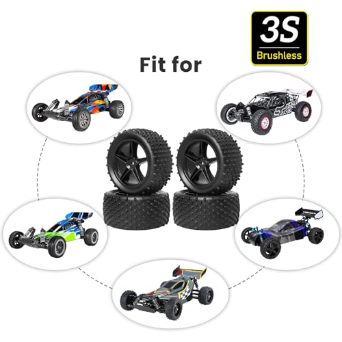 4Pcs Hobbyfire 12mm Hex RC Wheels and Tires All-Terrain 85mm/3.34" RC Rubber Tires, Universal Fit for 1/10 RC Off-Road Buggy - Compatible with Redcat, HPI, HSP, Kyosho (Non-Glued)