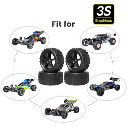 4Pcs Hobbyfire 12mm Hex RC Wheels and Tires All-Terrain 85mm/3.34" RC Rubber Tires, Universal Fit for 1/10 RC Off-Road Buggy - Compatible with Redcat, HPI, HSP, Kyosho (Non-Glued)