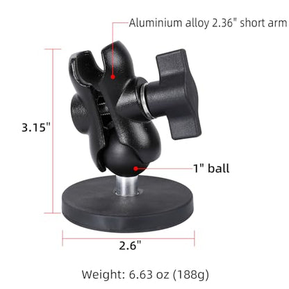66mm Diameter Round Heavy-Duty Magnetic Base Mount for RAM Mounts | 66 lb Magnetic Force, 1" Rubber Ball & Short Aluminum Alloy Double Socket Arm, Universal 1-inch ball mounting system