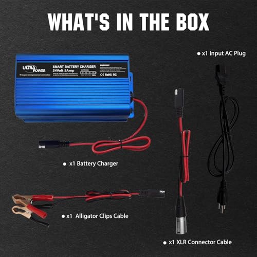 ULTRAPOWER 24V 5A Battery Charger,Universal Battery Charger Maintainer with 4LEDs Indicator,XLR Connector for Cars,Trucks,RVs,ATVs,UTVs,Tractors,SUVs,Electric Wheelchair Lead Acid Battery