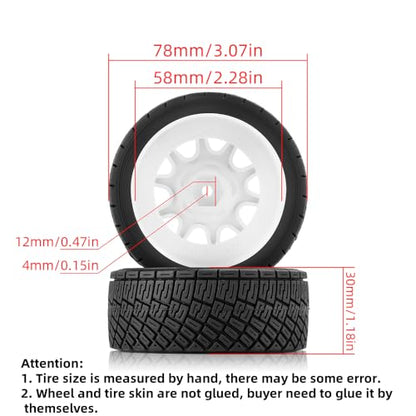 Set of 4 RC Car Rubber Tires & Wheels 78x30mm with 12mm Hex Hub - Spare Parts for WRC HPI Rally WR8 Carisma RLAARLO XTS F10 1/10 RC Cars