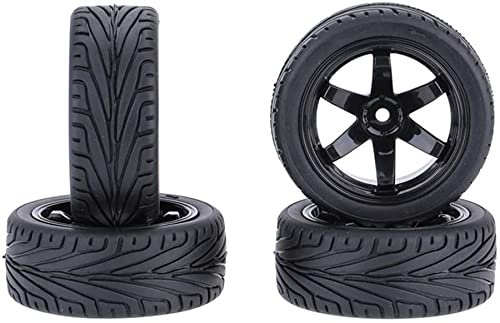 4PCS RC Car Rubber Tires and Plastic Wheels Rims Compatible with 1/10 Scale On Road Touring Racing Flat Drift Car for HSP HPI Tamiya(Black) - color: Black