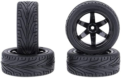 4PCS RC Car Rubber Tires and Plastic Wheels Rims Compatible with 1/10 Scale On Road Touring Racing Flat Drift Car for HSP HPI Tamiya(Black) - color: Black