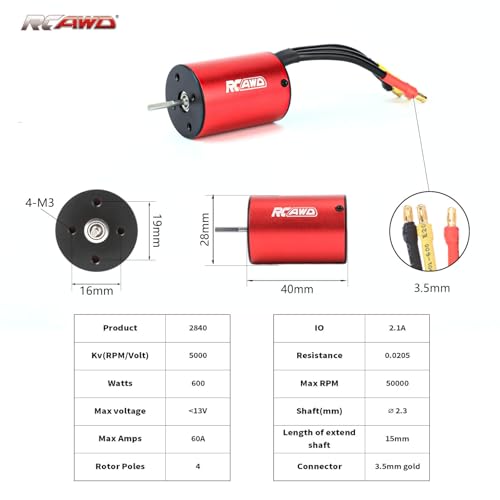 4 Channel RC Transmitter Receiver & 2840 Brushless Motor 5000KV & 35A ESC & 40CrMo Pinion Gear Set & Motor Mount & Adapter Cable RC Controller for Losi 1/12 Racecar & ARRMA Typhon Granite Mojave Grom - size: 5000KV