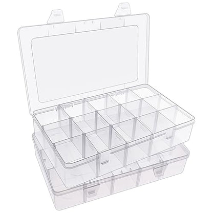 Bead Organizer Storage 2 Pack 15 Grid Clear Plastic Tackle Box Adjustable | Clear Plastic, Adjustable Dividers, Label Stickers Included, for Beads Crafts Jewelry Fishing Tackle and Small Parts - size: 2pcs