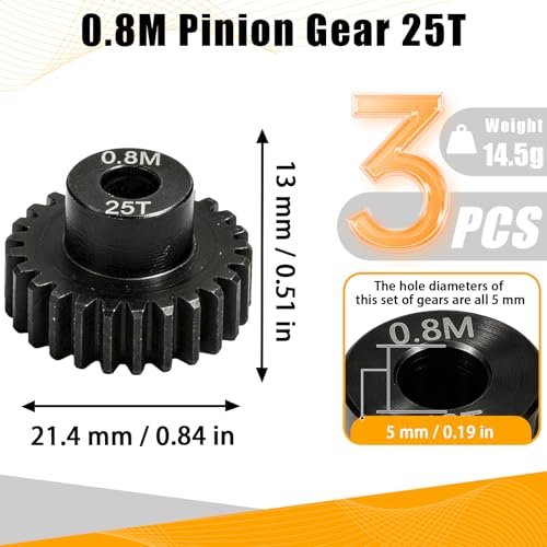 3-Pack Steel Metal 0.8M 5mm Pinion Motor Gear Sets 25T Compatible with HPI Kyosho Losi Axial Tamiya 1/8 1/10 RC Car Monster Truck Buggy, 0.8 Module Gear for Traxxsa Arrma - style: 3Pcs 25T