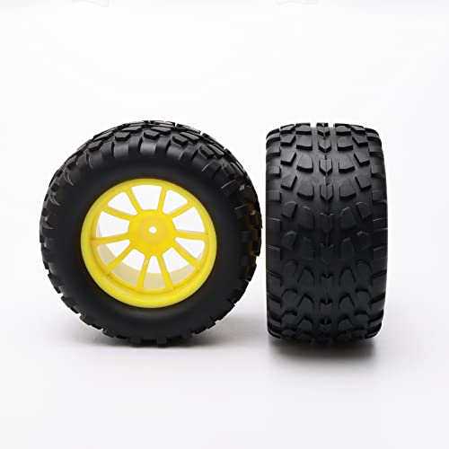 4PCS RC Rubber Tire 12mm Hex Wheels 1/10 Scale Monster Truck Yellow | Gravel Tread, 5 Spokes Wheel Rim