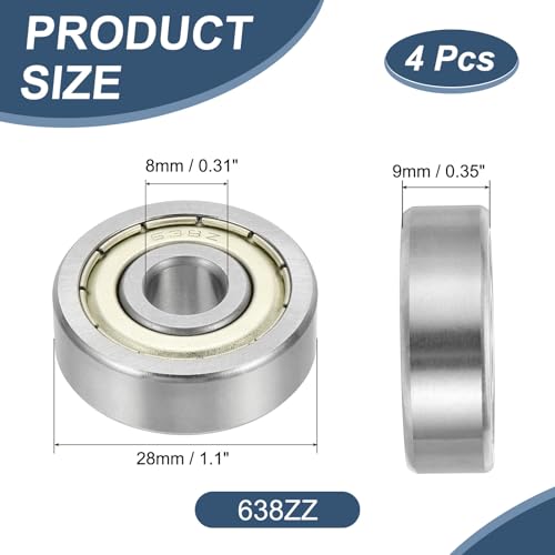 uxcell 4 Pack 638ZZ Deep Groove Ball Bearings, 8x28x9mm Chrome Steel Double Shield Bearing for Electric Motor, Home Appliances, Garden Machinery, (ABEC5) - size: 638ZZ