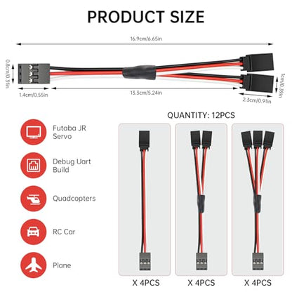 12 Pcs RC Servo Extension Cable & Y Connector, 3 Pin Male to Female Plug Splitters, Mixed Styles Compatible with JST JR Futaba for RC Car, Airplane, Helicopter - size: 12 Pack
