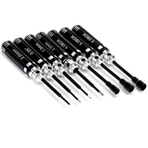 Mini RC Hex Screwdriver Nut Driver Set 7pcs for 1/18 1/24 TRX4M SCX24 FCX24 | 7 tools: 1.27/1.5/2.0mm hex, 4.0/5.0/5.5mm nut drivers, Phillips 2.0mm. Aluminum handles, steel bits. For TRX4M SCX24 FCX24.