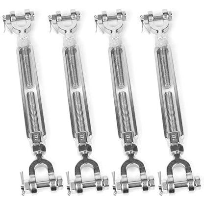 4 PCS M12 Turnbuckle 1/2" 304 Stainless Steel Jaw and Jaw Turnbuckle Tensioner, Heavy Duty Cable Tensioner, 4400 LBS Working Load Limit, Adjustable Turnbuckles for Cables Wire, Clothesline, Shade Sail - size: 1/2"-4 Pack