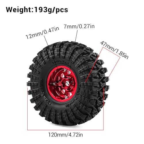 1.9" Beadlock Aluminum Wheels and 120mm Soft Rubber Tires | for SCX10 TRX4 1/10 RC, 12mm Hex, 0mm Offset, with Foam Inserts, RC Crawler Upgrade Parts (Red-2) - color: Red-2