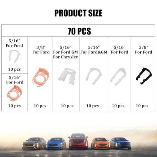 70PCS Car Fuel Line Retainer Clips, 7 Size Vehicle Fuel Hose Retaining Clamp, Automotive Gas Tank Line Clips Assortment Replacement, Compatible with 3/8" & 5/16" Hose Pipe