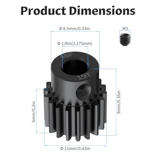 Pinion Motor Gear, 48P 19T, 1/8 in (3.175mm) Shaft Hole | 48 Pitch 19 Teeth, 1045 Hardened Carbon Steel, 1/8 Inch Shaft Hole, RC Motor Pinion Upgrade, for 1/10 RC Brushless Crawler - size: 48P 19T