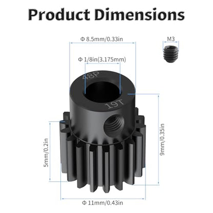 Pinion Motor Gear, 48P 19T, 1/8 in (3.175mm) Shaft Hole | 48 Pitch 19 Teeth, 1045 Hardened Carbon Steel, 1/8 Inch Shaft Hole, RC Motor Pinion Upgrade, for 1/10 RC Brushless Crawler - size: 48P 19T