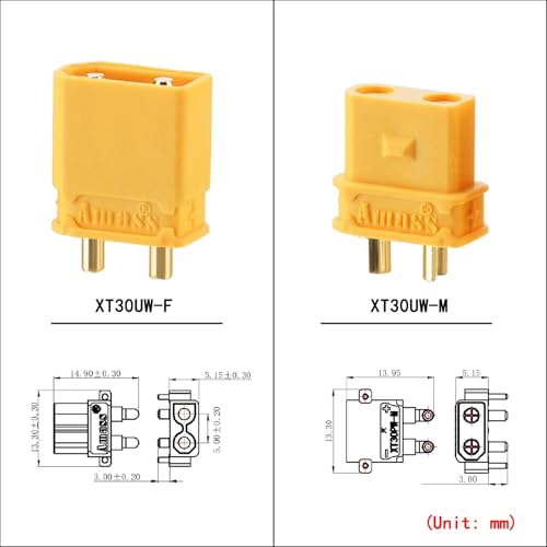 ELFCULB 10 Pairs Amass XT30UW Female & XT30AW Male Connector Plugs, Gold Plated Power Connectors for RC Drones, FPV, UAV and Robotics (Yellow) - color: 10 Pairs XT30UW