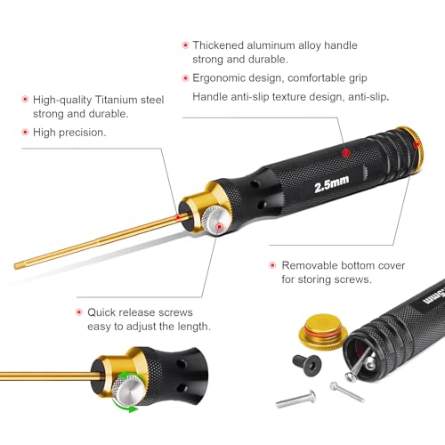 HobbyPark Titanium Hex Driver Allen Screwdriver Set 1.5mm 2.0mm 2.5mm 3.0mm Extended Thickened Handle for RC Crawler RC Car Truck Buggy On Road Touring Drift (Black & Gold Handle)