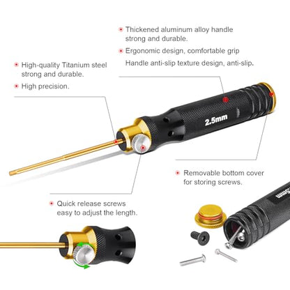 HobbyPark Titanium Hex Driver Allen Screwdriver Set 1.5mm 2.0mm 2.5mm 3.0mm Extended Thickened Handle for RC Crawler RC Car Truck Buggy On Road Touring Drift (Black & Gold Handle)