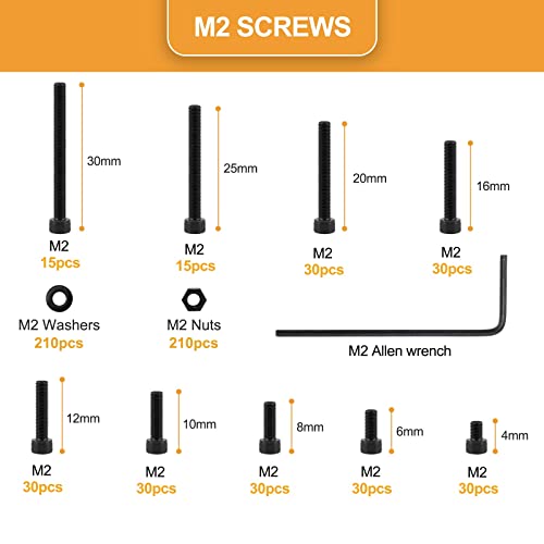 660Pcs M2 Screws Set Black, M2 x 4/6/8/10/12/16/20/25/30mm Hex Socket Head Cap Screws Nuts Washers Assortment Kit, 12.9 Grade Alloy Steel Assorted Screws, Fully Machine Threaded, Allen Socket Drive - size: M2 Socket black
