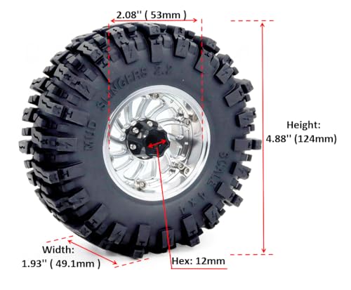 124mm Tall 2.2 Mud Slingers Tires & 2.2 Beadlock Wheels Adjustable Offset 40mm Wide Rims for RC Crawler Trail SCX10 Everest 10 Capra Wraith Upgrades,HS701582 - color: Silver