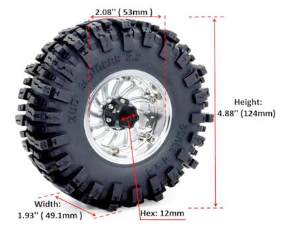 124mm Tall 2.2 Mud Slingers Tires & 2.2 Beadlock Wheels Adjustable Offset 40mm Wide Rims for RC Crawler Trail SCX10 Everest 10 Capra Wraith Upgrades,HS701582 - color: Silver