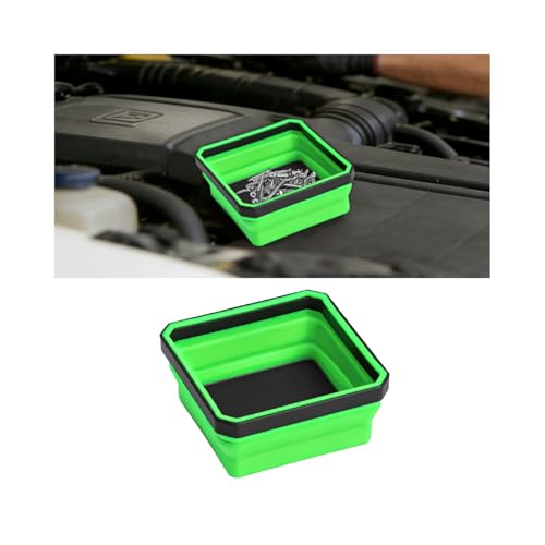 Car Collapsible Magnetic Parts Tray, Foldable Silicone Magnetic Vehicle Tool Tray Organizer for Bolts Screws Nuts, Square Automotive Washers Pins Magnet Bowl, Universal Fit (Green) - color: Green
