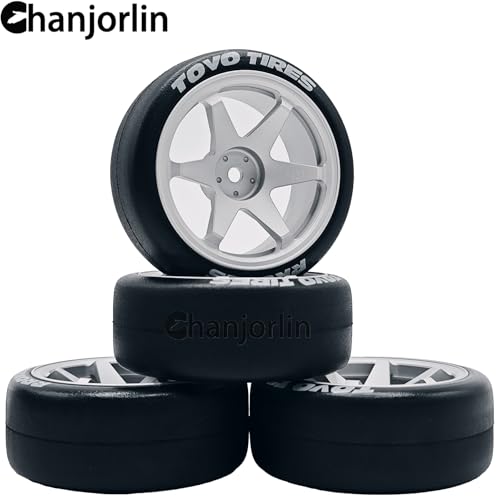 RC 1/10 Drift Tires & Aluminum Wheels 12mm Hex OD 65mm Hard Drift Racing Smooth Tyres for 1:10 1/12 Rally Street On Road Touring Car TT01 TT02 XV02 XV01 TA06 HPI KYOSHO PTG2 4PCS (Silvery) - color: Silvery
