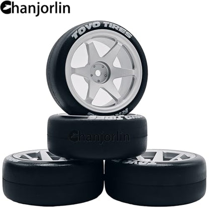 RC 1/10 Drift Tires & Aluminum Wheels 12mm Hex OD 65mm Hard Drift Racing Smooth Tyres for 1:10 1/12 Rally Street On Road Touring Car TT01 TT02 XV02 XV01 TA06 HPI KYOSHO PTG2 4PCS (Silvery) - color: Silvery
