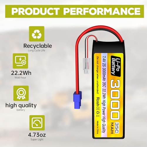 sea jump 2S Lipo Battery 7.4V 3000mAh 35C with EC3 Plug and USB Charging Cable Suitable for RC Car Truck Boat, RC Quadcopter Aircraft, FPV Drone Battery