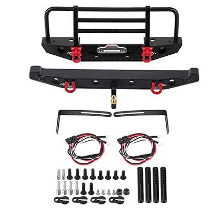 RC Crawler Car Front Rear Bumper, Metal RC Car Bumper with 4 LED Lights for SCX10 90046 for TRX4 Axial for SCX10 iii AX103007 1/10 RC Crawler Part Accessory