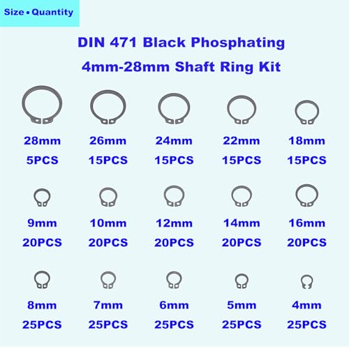 290PCS 15 Sizes Metric External C-Clip Retaining Ring Assortment Kit | Black Phosphate Carbon Steel Circlip Snap Rings for 4mm-28mm Shafts with Storage Box