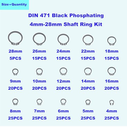 290PCS 15 Sizes Metric External C-Clip Retaining Ring Assortment Kit | Black Phosphate Carbon Steel Circlip Snap Rings for 4mm-28mm Shafts with Storage Box