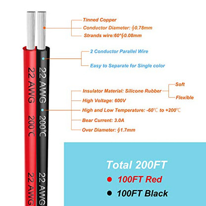 Haerkn 22 awg Silicone Electrical Wire Cable 2 Cores 100ft Spool | 22 Gauge Soft and Flexible Hook Up Oxygen Free Stranded Tinned Copper Wire - style: 22awg-100FT